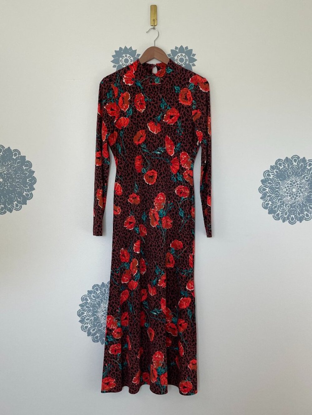 Free People Retro Romance Midi Dress in Chocolate Leopard Floral Size Small